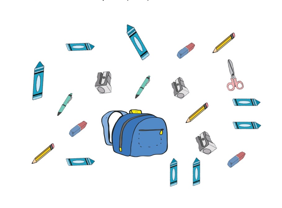 Un cartable entouré de fournitures scolaires à écouter et pointer